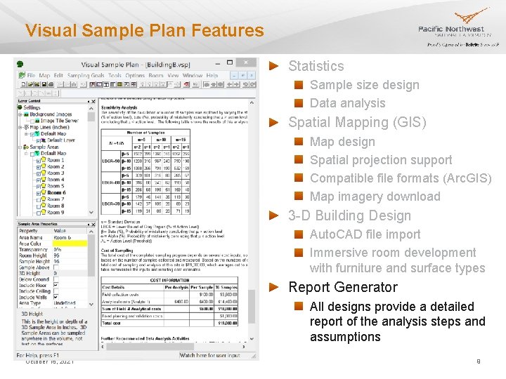Visual Sample Plan Features Statistics Sample size design Data analysis Spatial Mapping (GIS) Map Visual Sample Plan Features Statistics Sample size design Data analysis Spatial Mapping (GIS) Map
