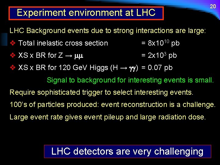 Experiment environment at LHC 20 LHC Background events due to strong interactions are large: