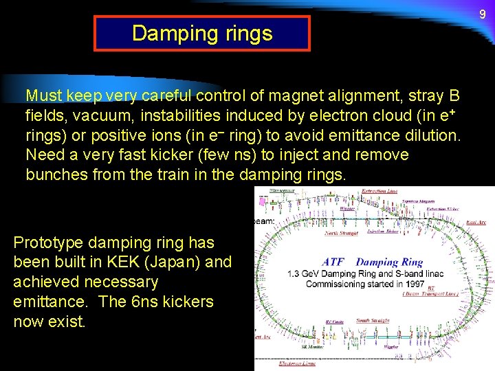 Damping rings Must keep very careful control of magnet alignment, stray B fields, vacuum,
