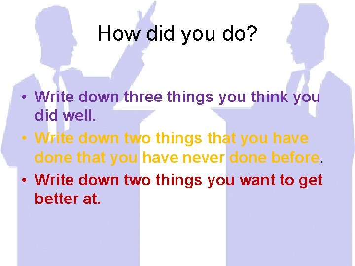 How did you do? • Write down three things you think you did well.