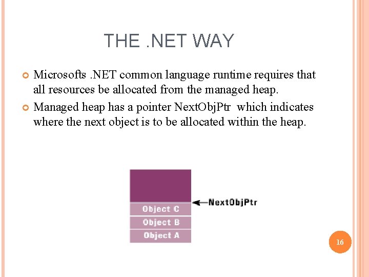 THE. NET WAY Microsofts. NET common language runtime requires that all resources be allocated