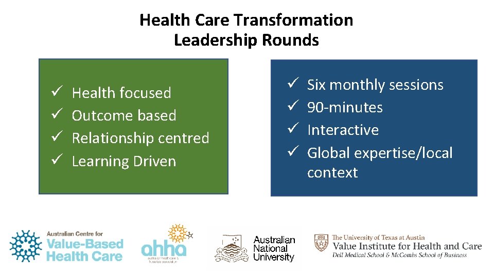 Health Care Transformation Leadership Rounds ü ü Health focused Outcome based Relationship centred Learning