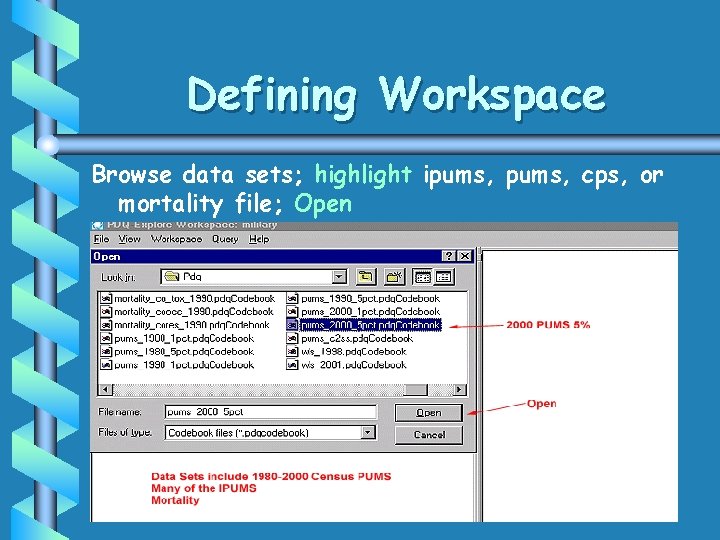 Defining Workspace Browse data sets; highlight ipums, cps, or mortality file; Open Defining Workspace Browse data sets; highlight ipums, cps, or mortality file; Open