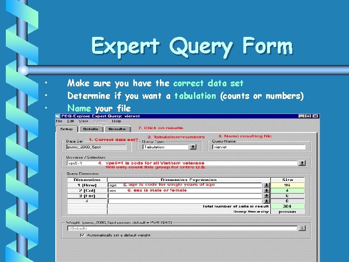 Expert Query Form • • • Make sure you have the correct data set Expert Query Form • • • Make sure you have the correct data set