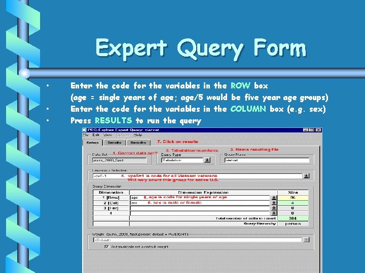 Expert Query Form • • • Enter the code for the variables in the Expert Query Form • • • Enter the code for the variables in the
