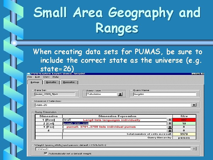 Small Area Geography and Ranges When creating data sets for PUMAS, be sure to Small Area Geography and Ranges When creating data sets for PUMAS, be sure to