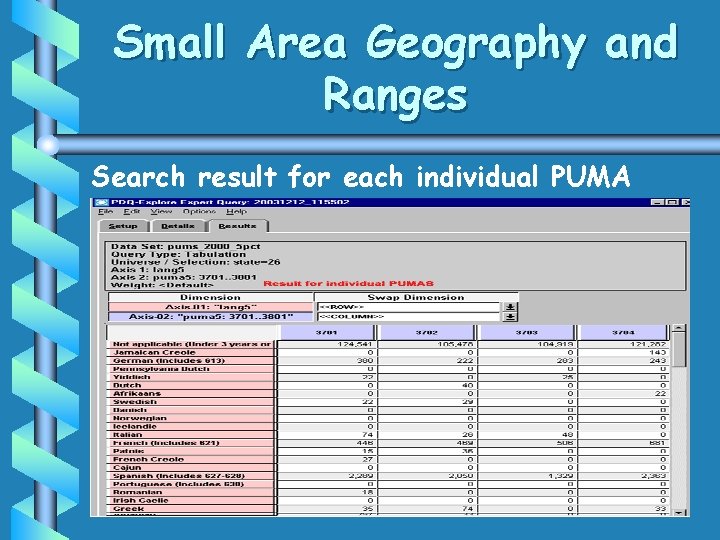 Small Area Geography and Ranges Search result for each individual PUMA Small Area Geography and Ranges Search result for each individual PUMA