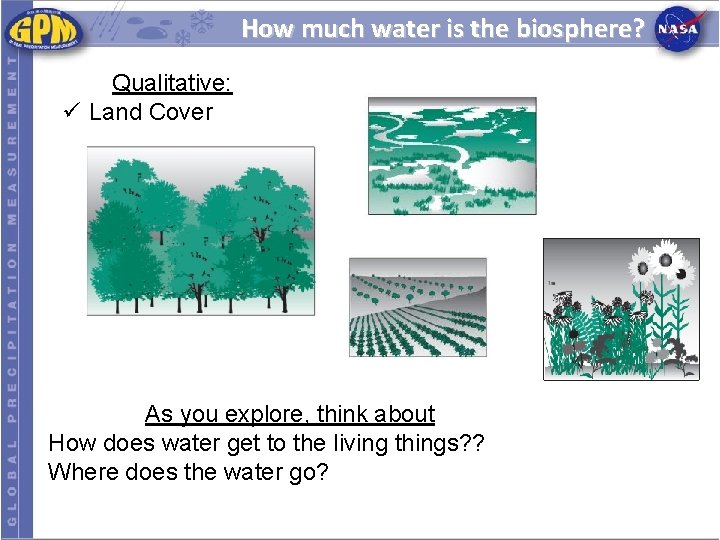 How much water is the biosphere? Qualitative: ü Land Cover As you explore, think