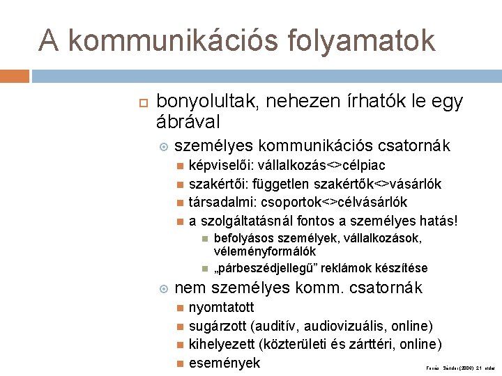 A kommunikációs folyamatok bonyolultak, nehezen írhatók le egy ábrával személyes kommunikációs csatornák képviselői: vállalkozás<>célpiac