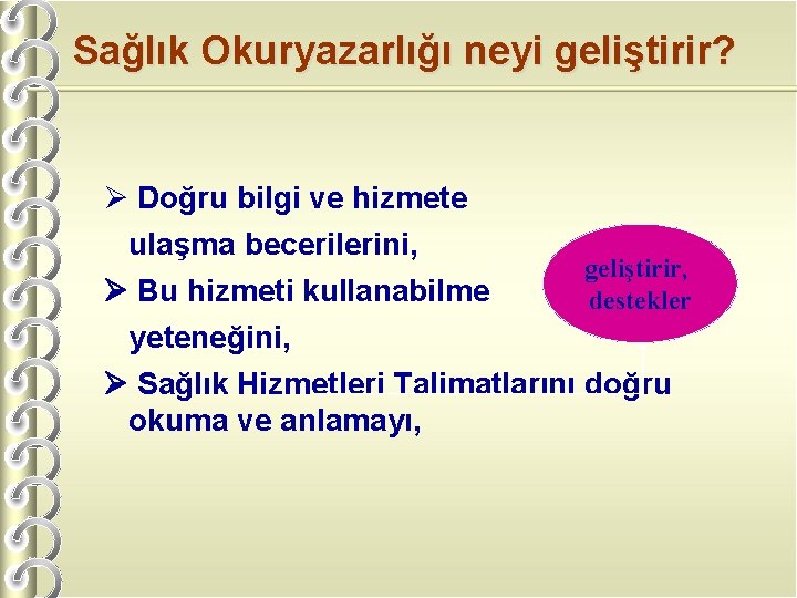 Sağlık Okuryazarlığı neyi geliştirir? Doğru bilgi ve hizmete ulaşma becerilerini, Bu hizmeti kullanabilme geliştirir,