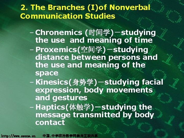 2. The Branches (I)of Nonverbal Communication Studies – Chronemics (时间学)－studying the use and meaning