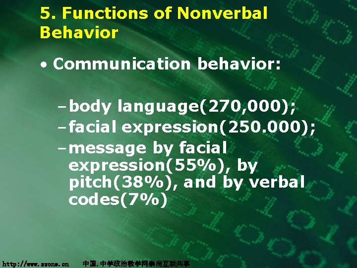 5. Functions of Nonverbal Behavior • Communication behavior: – body language(270, 000); – facial