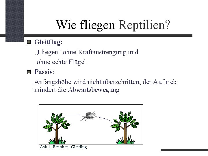 Wie fliegen Reptilien? Gleitflug: „Fliegen" ohne Kraftanstrengung und ohne echte Flügel Passiv: Anfangshöhe wird