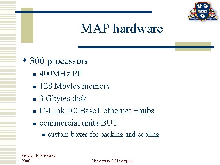 MAP hardware w 300 processors n n n 400 MHz PII 128 Mbytes memory