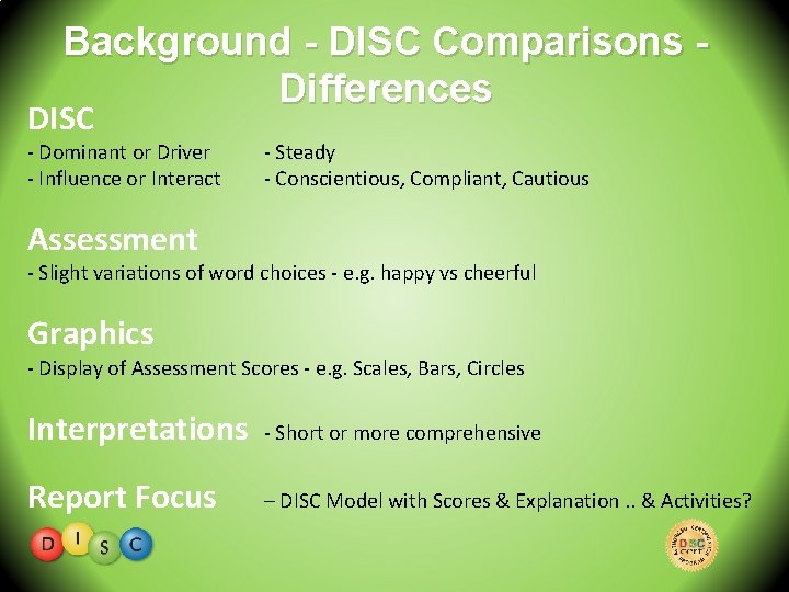 Background - DISC Comparisons Differences DISC - Dominant or Driver - Influence or Interact