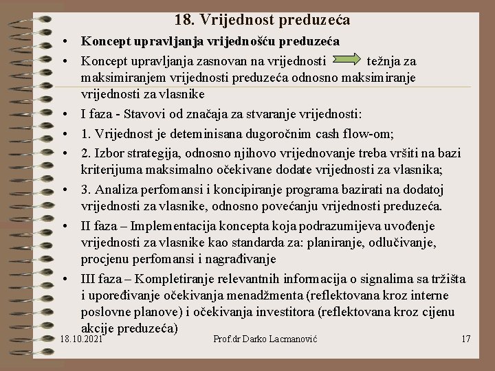 18. Vrijednost preduzeća • Koncept upravljanja vrijednošću preduzeća • Koncept upravljanja zasnovan na vrijednosti