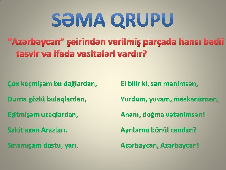 “Azərbaycan” şeirindən verilmiş parçada hansı bədii təsvir və ifadə vasitələri vardır? Çox keçmişəm bu