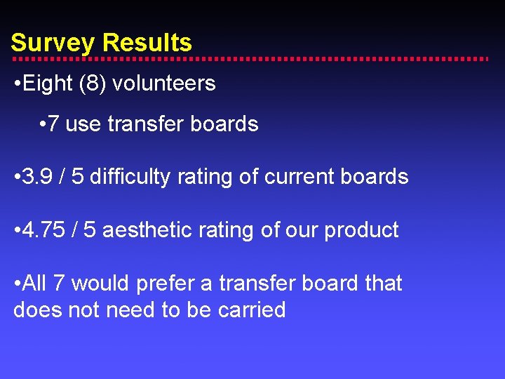 Survey Results • Eight (8) volunteers • 7 use transfer boards • 3. 9