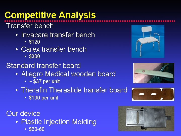 Competitive Analysis Transfer bench • Invacare transfer bench • $120 • Carex transfer bench