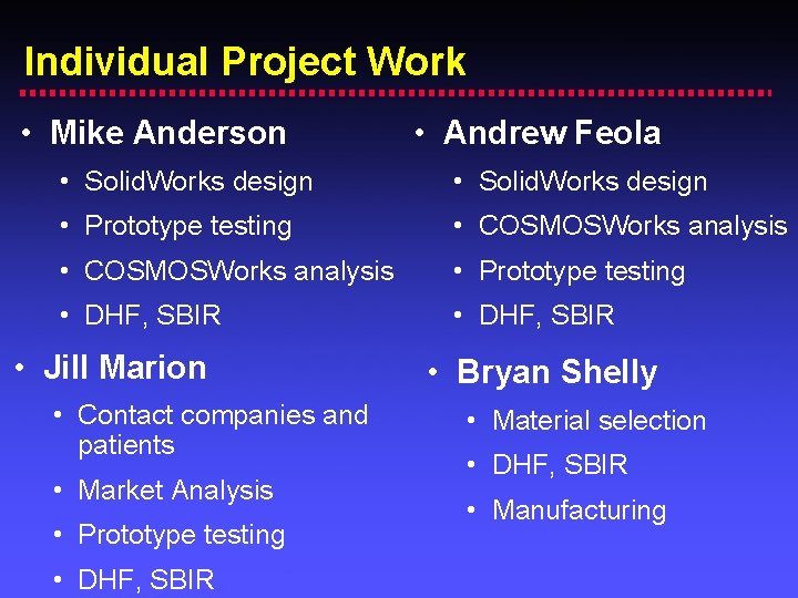 Individual Project Work • Mike Anderson • Andrew Feola • Solid. Works design •