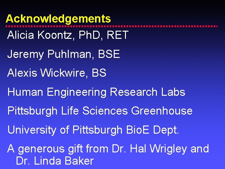 Acknowledgements Alicia Koontz, Ph. D, RET Jeremy Puhlman, BSE Alexis Wickwire, BS Human Engineering