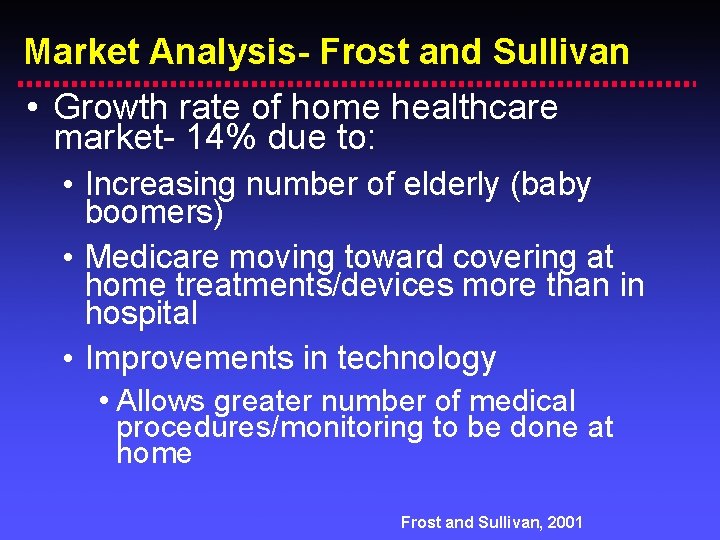Market Analysis- Frost and Sullivan • Growth rate of home healthcare market- 14% due