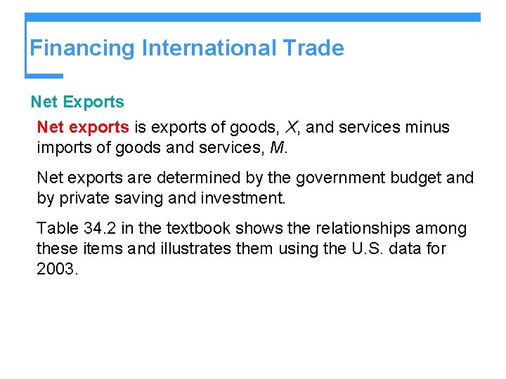 Financing International Trade Net Exports Net exports is exports of goods, X, and services