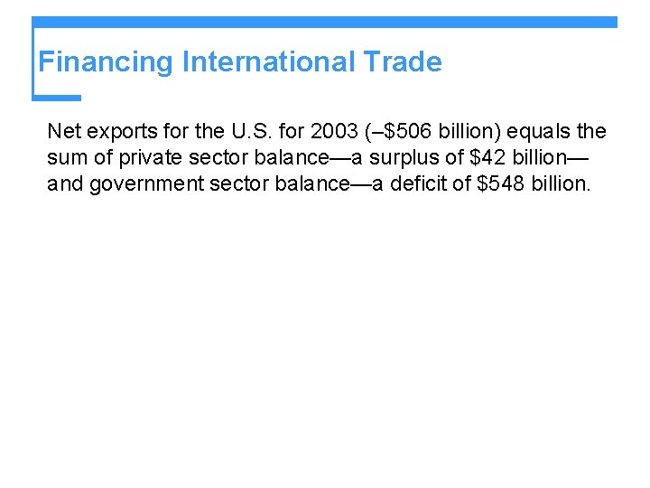 Financing International Trade Net exports for the U. S. for 2003 (–$506 billion) equals