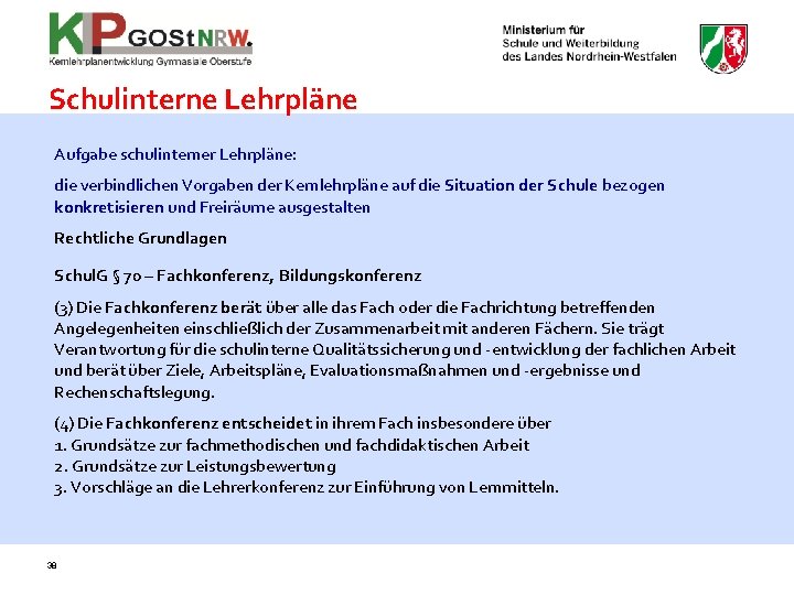 Schulinterne Lehrpläne Aufgabe schulinterner Lehrpläne: die verbindlichen Vorgaben der Kernlehrpläne auf die Situation der