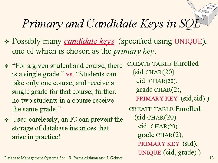 Primary and Candidate Keys in SQL v v v Possibly many candidate keys (specified Primary and Candidate Keys in SQL v v v Possibly many candidate keys (specified