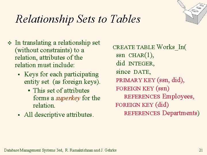 Relationship Sets to Tables v In translating a relationship set (without constraints) to a Relationship Sets to Tables v In translating a relationship set (without constraints) to a