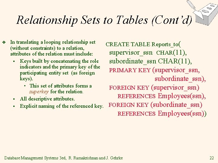 Relationship Sets to Tables (Cont’d) v In translating a looping relationship set CREATE TABLE Relationship Sets to Tables (Cont’d) v In translating a looping relationship set CREATE TABLE