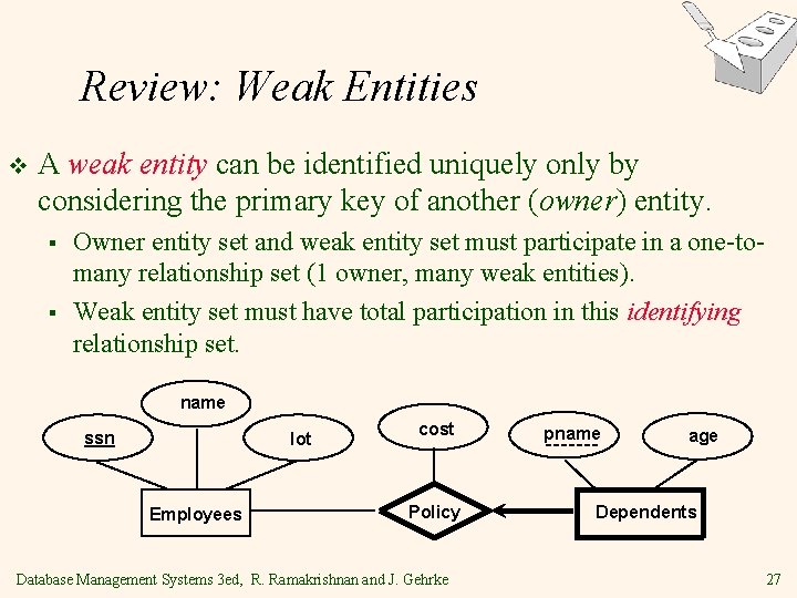 Review: Weak Entities v A weak entity can be identified uniquely only by considering Review: Weak Entities v A weak entity can be identified uniquely only by considering