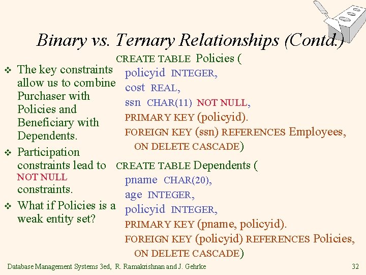 Binary vs. Ternary Relationships (Contd. ) CREATE TABLE Policies ( v The key constraints Binary vs. Ternary Relationships (Contd. ) CREATE TABLE Policies ( v The key constraints