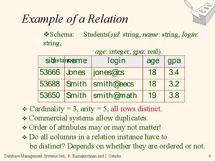 Example of a Relation v. Schema: string, Students(sid: string, name: string, login: age: integer, Example of a Relation v. Schema: string, Students(sid: string, name: string, login: age: integer,