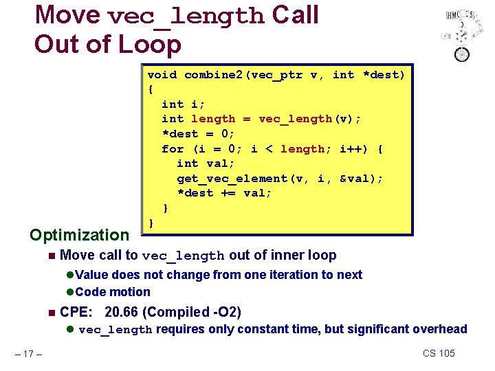 Move vec_length Call Out of Loop Optimization n void combine 2(vec_ptr v, int *dest) Move vec_length Call Out of Loop Optimization n void combine 2(vec_ptr v, int *dest)