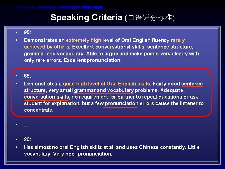 Speaking Criteria (口语评分标准) • 95: • Demonstrates an extremely high level of Oral English