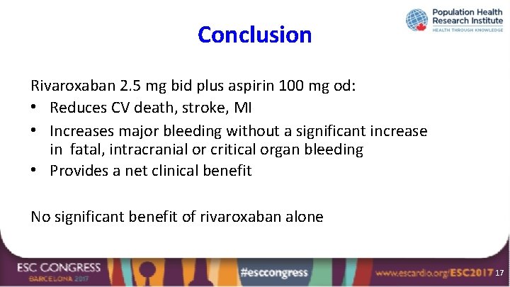 Conclusion Rivaroxaban 2. 5 mg bid plus aspirin 100 mg od: • Reduces CV
