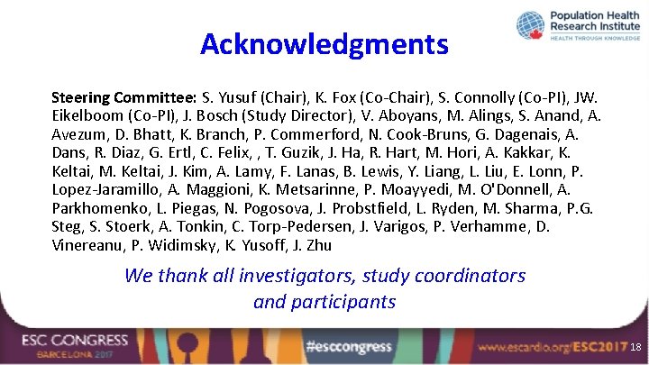 Acknowledgments Steering Committee: S. Yusuf (Chair), K. Fox (Co-Chair), S. Connolly (Co-PI), JW. Eikelboom