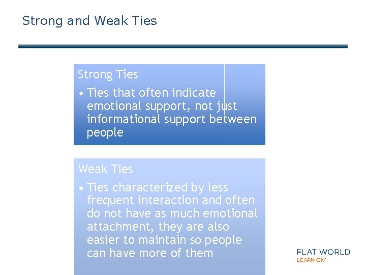 Strong and Weak Ties Strong Ties • Ties that often indicate emotional support, not