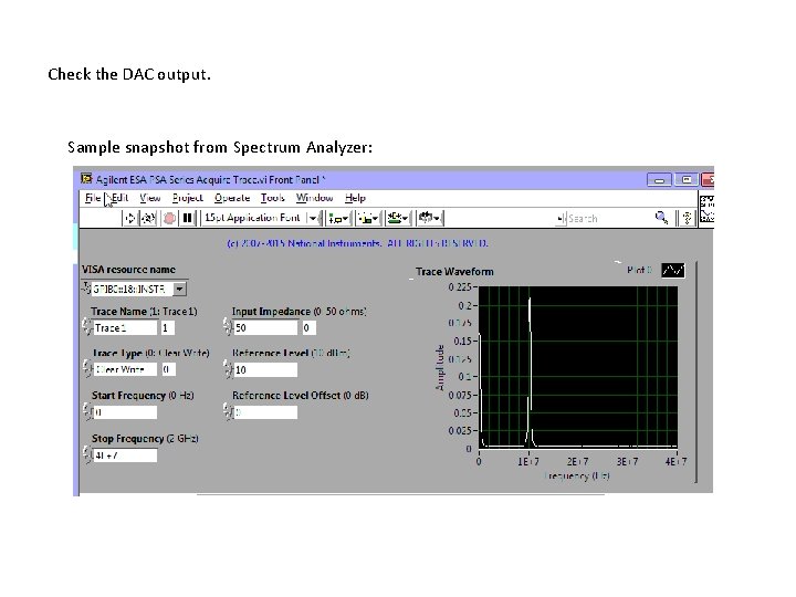 Check the DAC output. Sample snapshot from Spectrum Analyzer: 