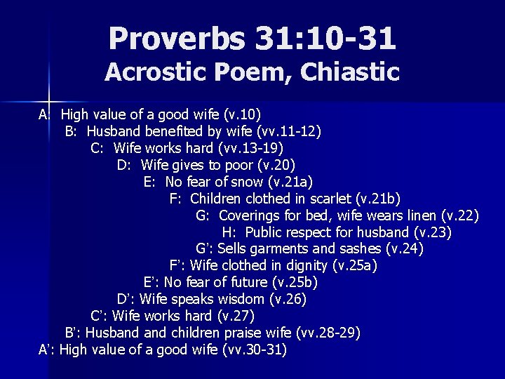 Proverbs 31: 10 -31 Acrostic Poem, Chiastic A: High value of a good wife