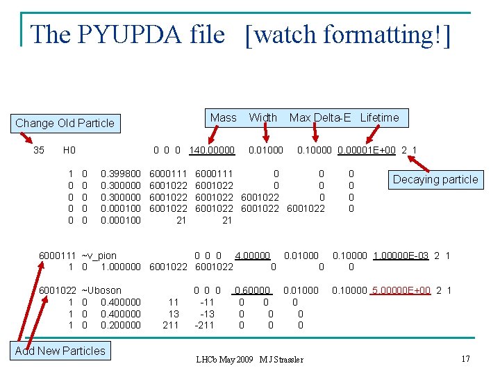 The PYUPDA file [watch formatting!] Mass Change Old Particle 35 H 0 1 0