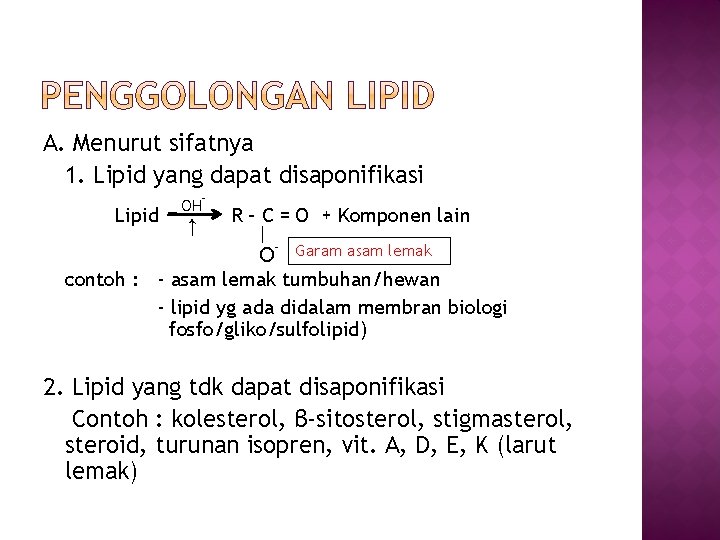 A. Menurut sifatnya 1. Lipid yang dapat disaponifikasi Lipid OH ↑ - R –