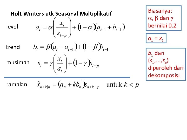 Holt-Winters utk Seasonal Multiplikatif level Biasanya: , dan bernilai 0. 2 a 1 =