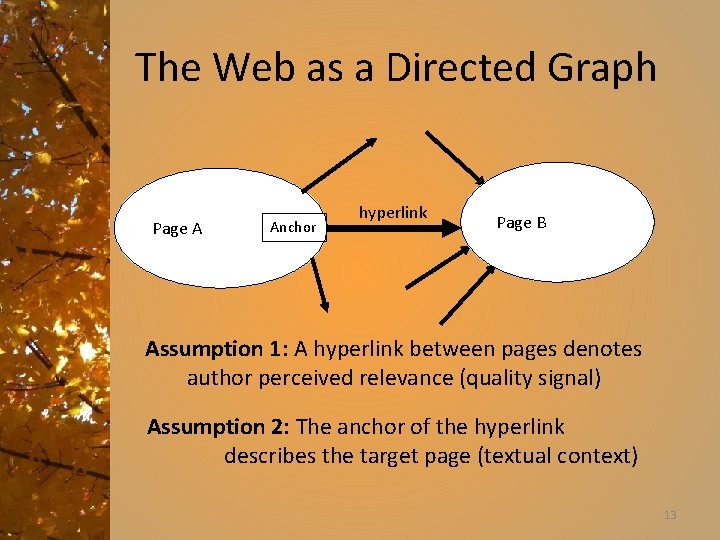 The Web as a Directed Graph Page A Anchor hyperlink Page B Assumption 1: