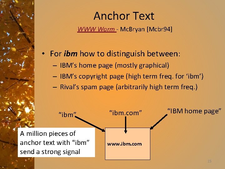 Anchor Text WWW Worm - Mc. Bryan [Mcbr 94] • For ibm how to