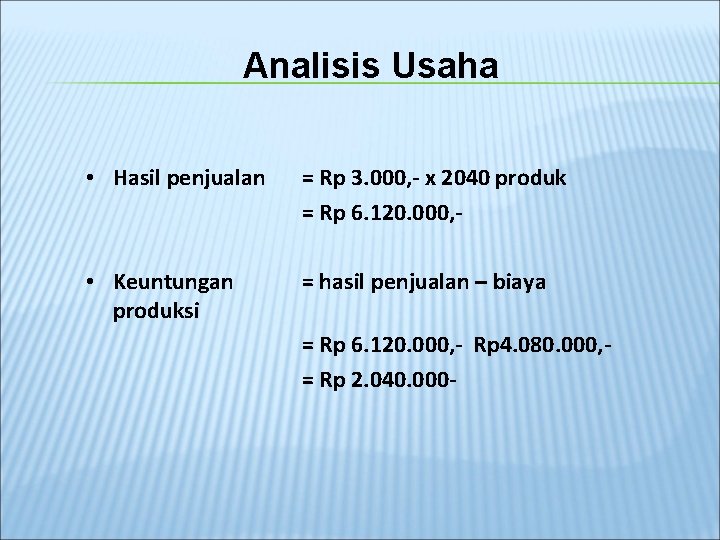 Analisis Usaha • Hasil penjualan = Rp 3. 000, - x 2040 produk =