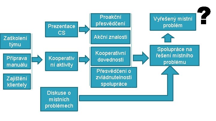 Zaškolení týmu Příprava manuálu Prezentace CS Kooperativ ní aktivity Proakční přesvědčení Akční znalosti Kooperativní