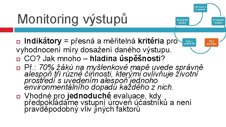 Informace o programu Monitoring výstupů Evaluační zpráva Indikátory = přesná a měřitelná kritéria pro